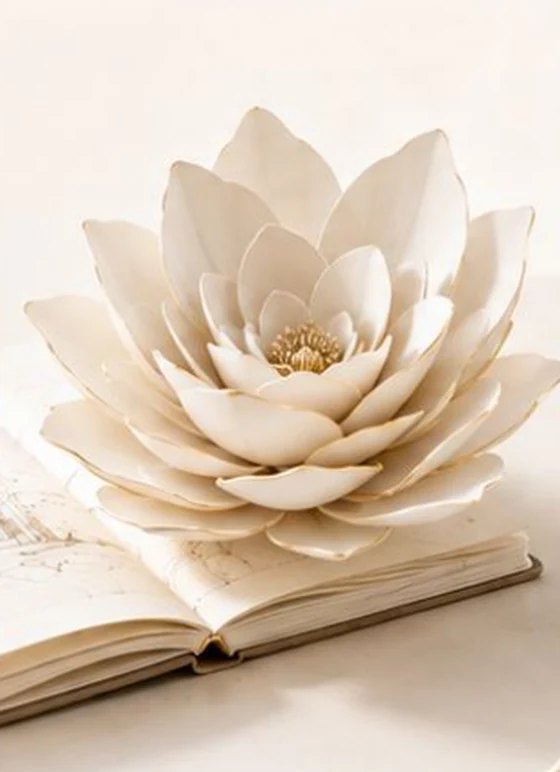 An open lotus resting on a sketchbook