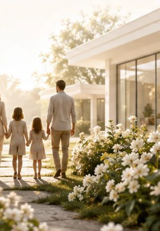 A family walking through a blossoming garden by their home