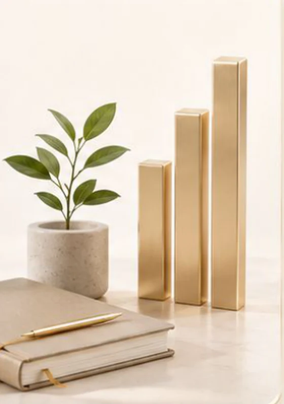 A sprout in a pot beside golden growth bars