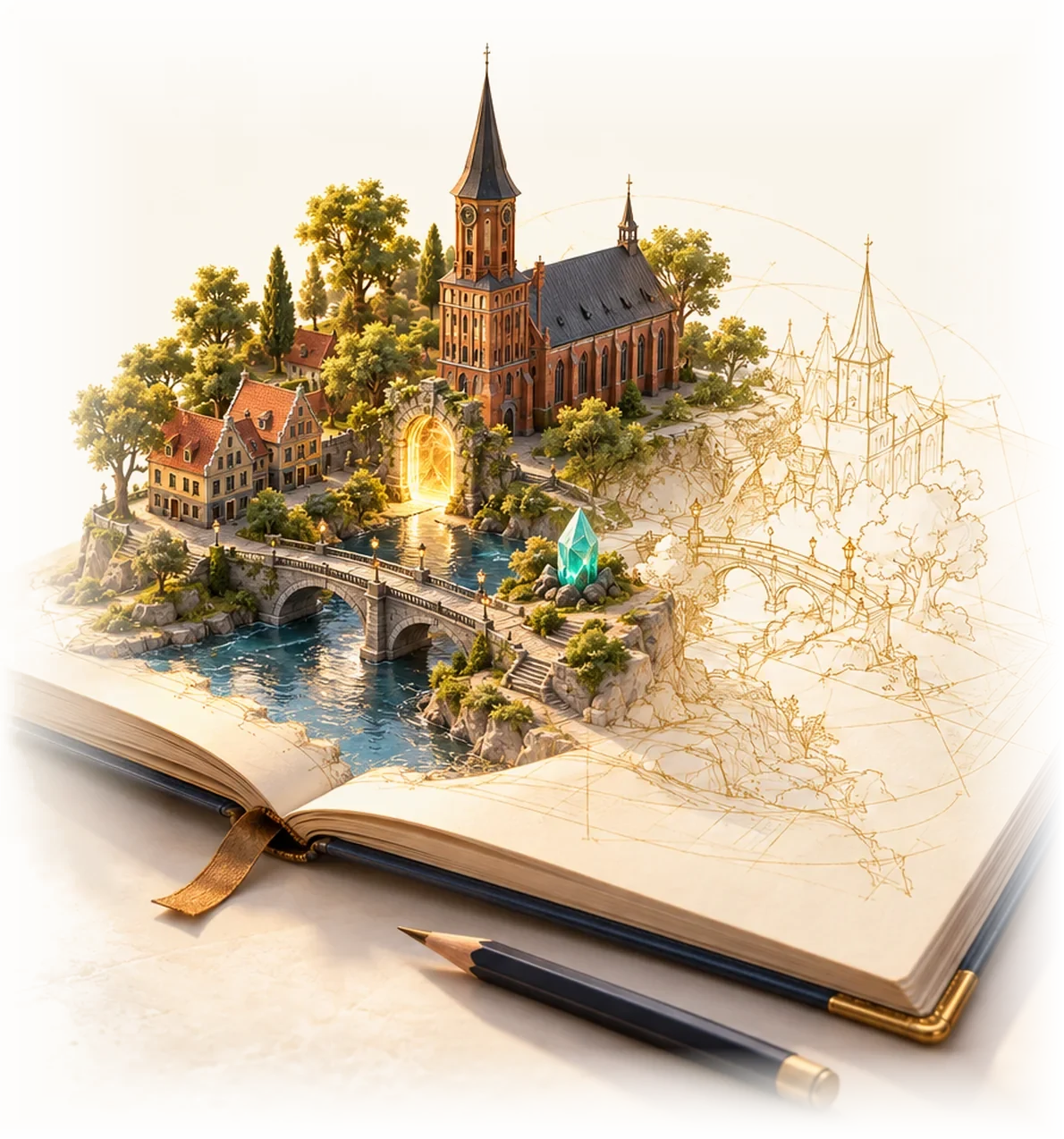 Раскрытая книга, из страниц которой вырастает игровой мир: Кафедральный собор, мост через реку, светящиеся врата и кристалл