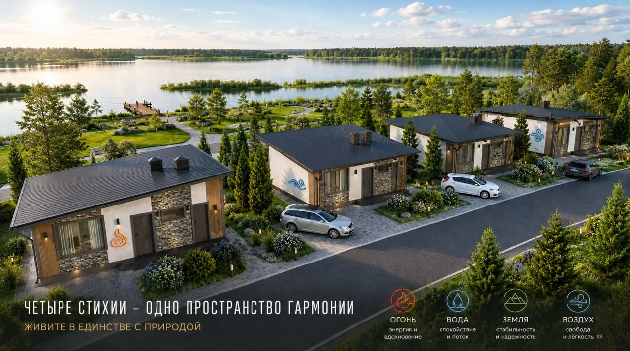 Aerial view: the residences of the four elements on the lakeshore