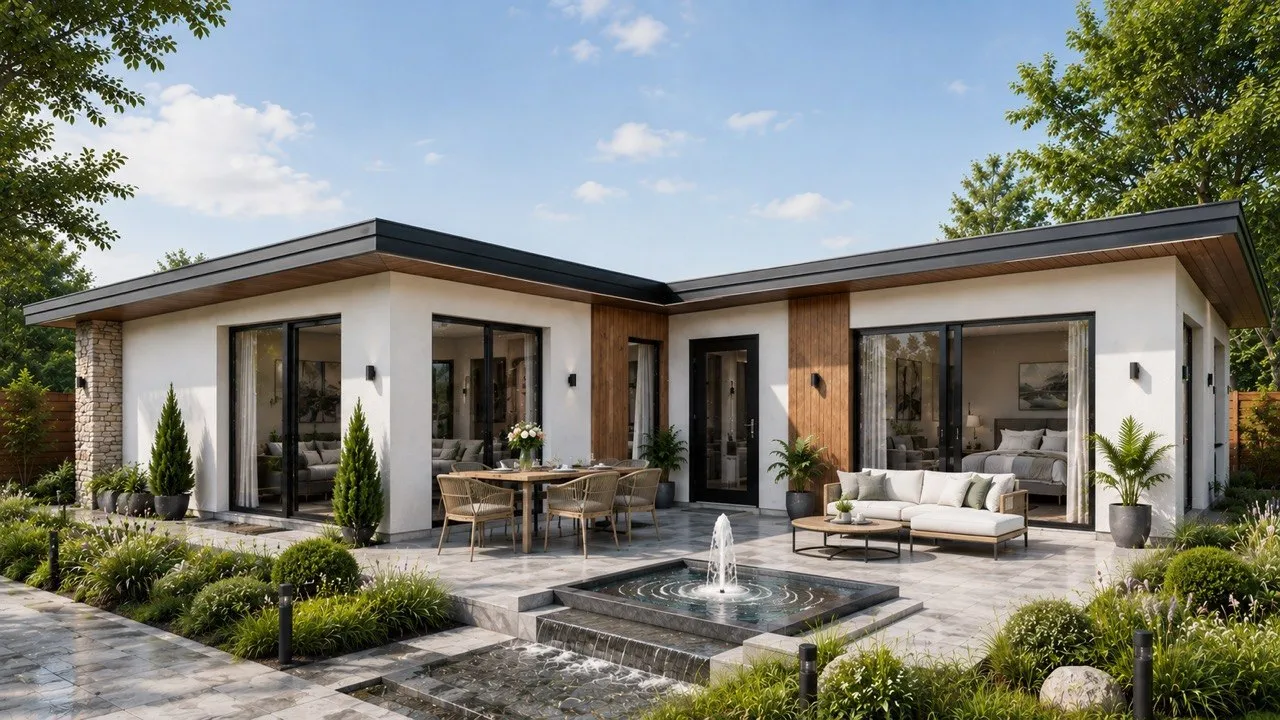 The Residence by day: panoramic glazing, terrace and garden