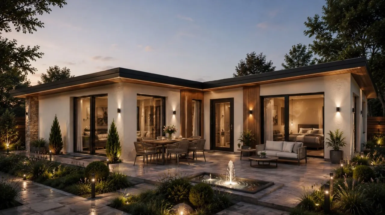 The Residence in the evening: illuminated terrace, lounge area and fountain