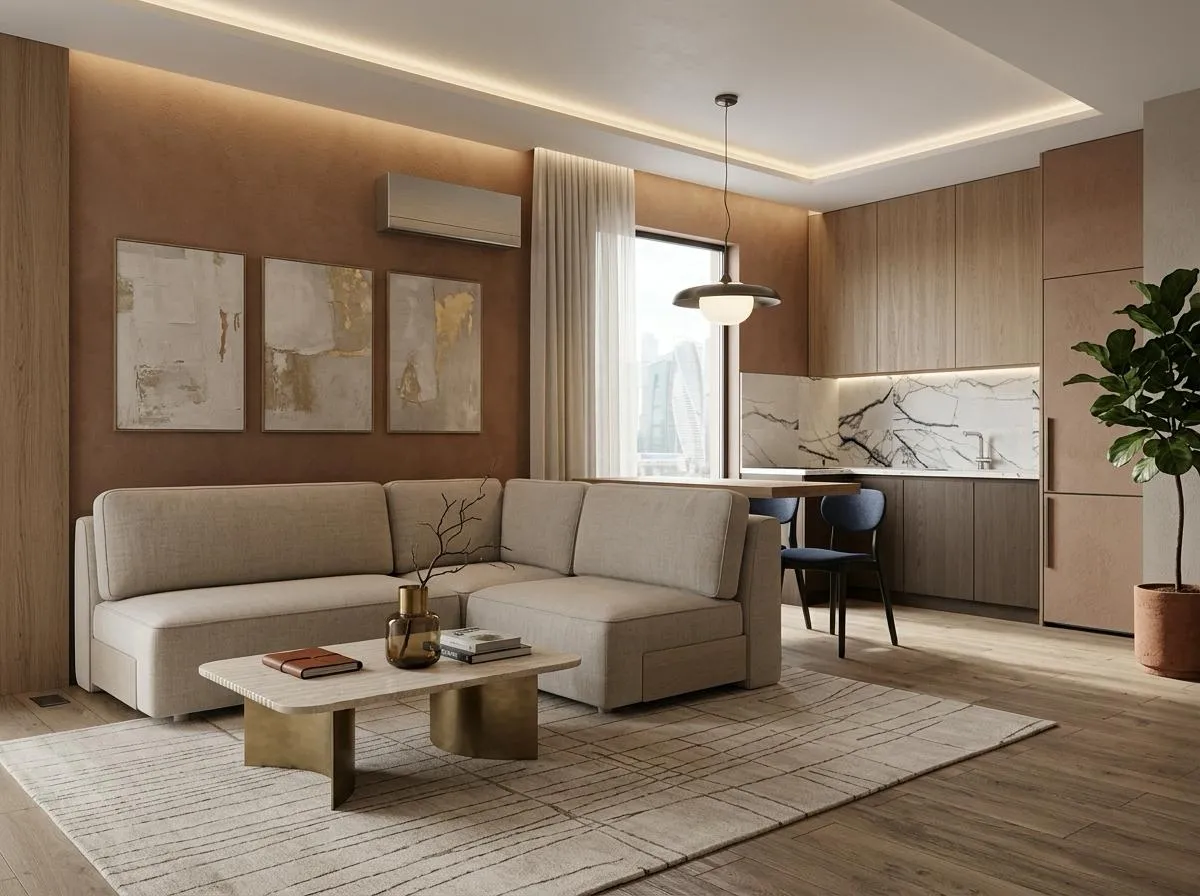 Residence interior: living room with kitchen-dining area