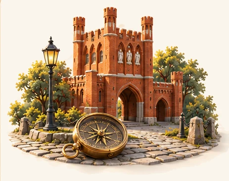 Королевские ворота из красного кирпича на мощёной площади, рядом старинный компас