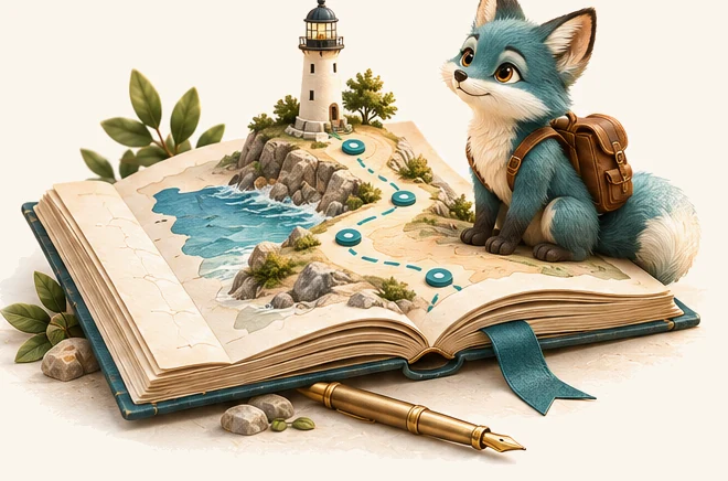 Раскрытая книга с картой маршрута и маяком на странице, рядом сидит сказочный питомец с рюкзаком